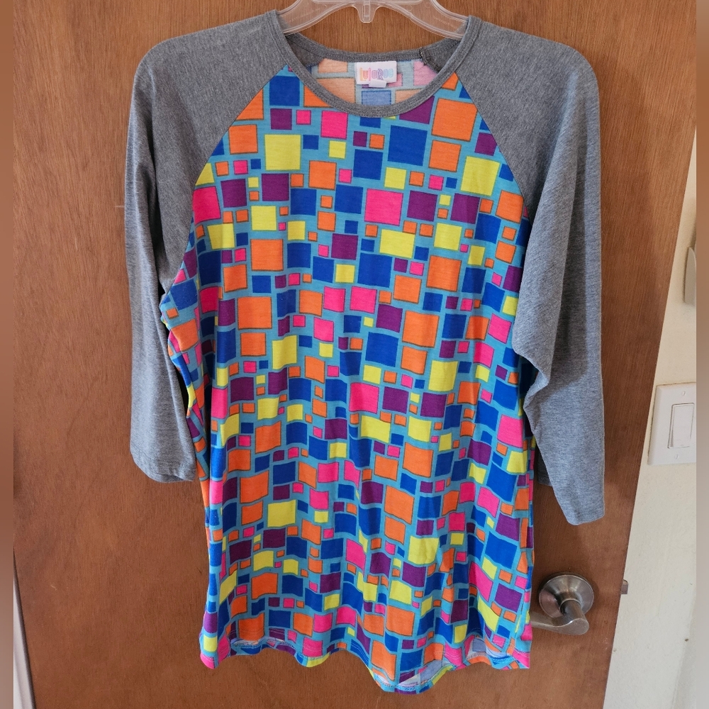 LULAROE Randy Long Sleeve Colorful Squares w/ Gray Baseball Sleeves - Large